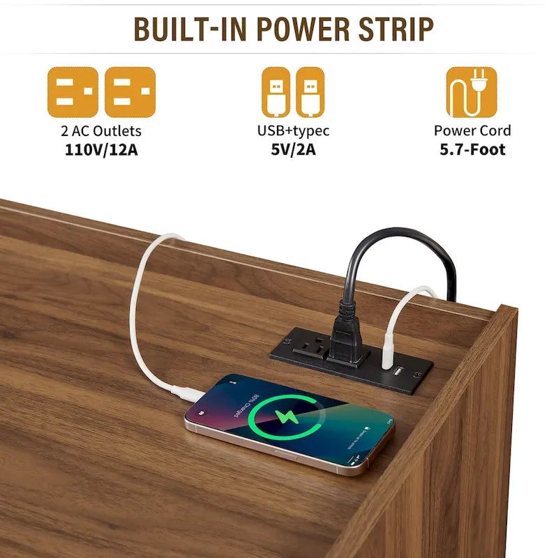 Meuble TV moderne avec tiroirs et ports de charge intégrés et éclairage LED d'ambiance