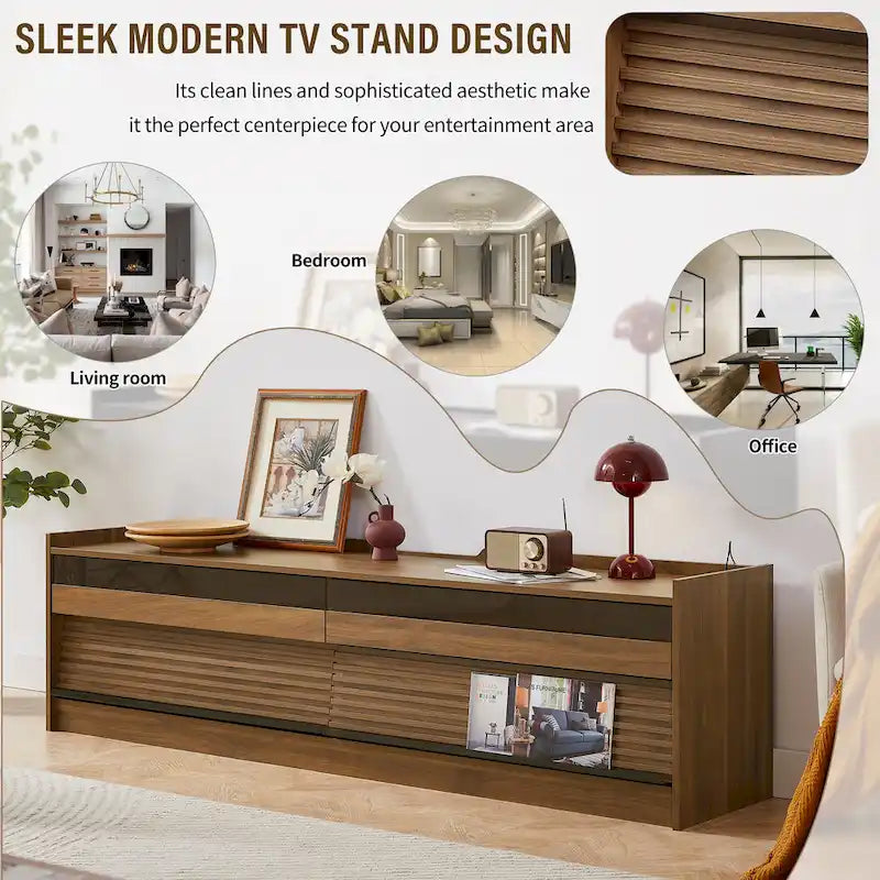 Meuble TV moderne avec tiroirs et ports de charge intégrés et éclairage LED d'ambiance
