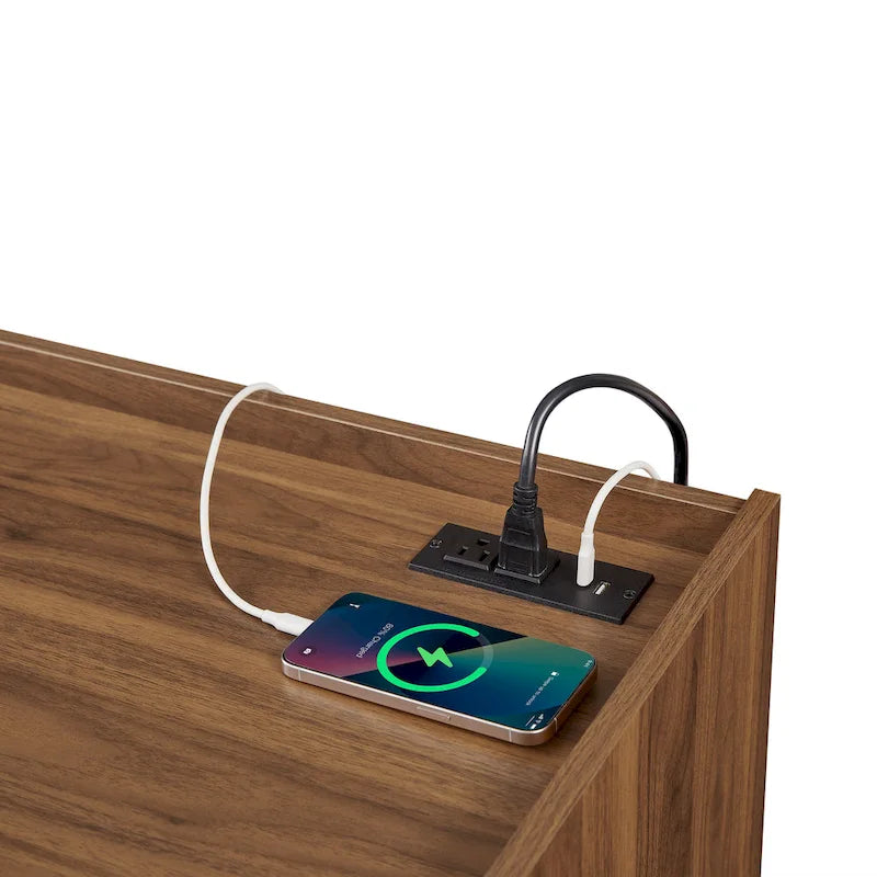 Meuble TV moderne avec tiroirs et ports de charge intégrés et éclairage LED d'ambiance