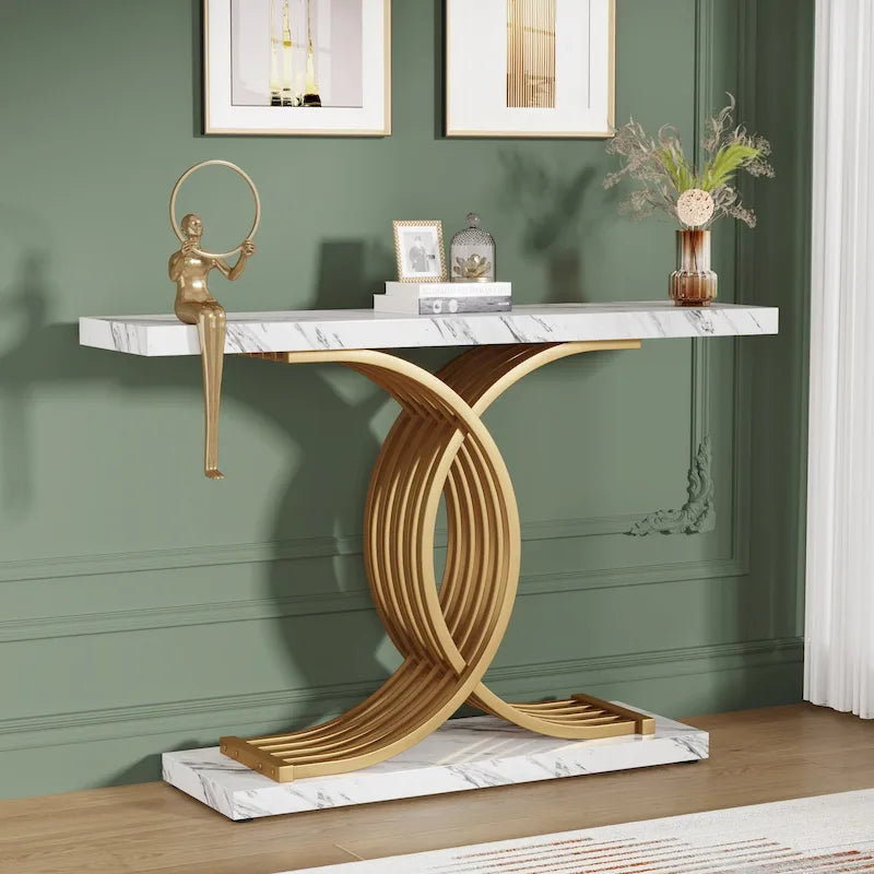 Table console moderne noire/dorée avec plateau en faux marbre, table d'entrée en bois de 99 cm avec pieds métalliques géométriques
