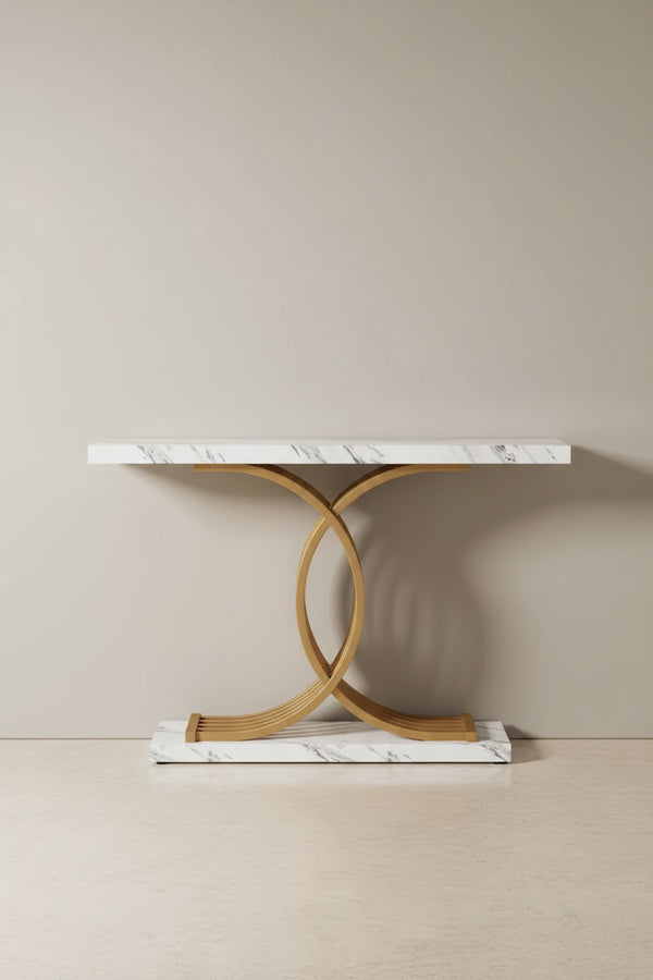 Black/ Gold Modern Sofa Table with Faux Marble Tabletop, 39 Inches Wood Foyer Table with Geometric Metal Legs for Entryway