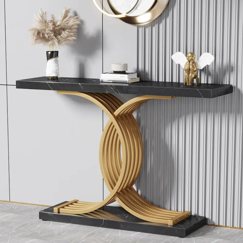 Table console moderne noire/dorée avec plateau en faux marbre, table d'entrée en bois de 99 cm avec pieds métalliques géométriques