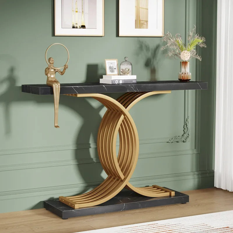 Table console moderne noire/dorée avec plateau en faux marbre, table d'entrée en bois de 99 cm avec pieds métalliques géométriques