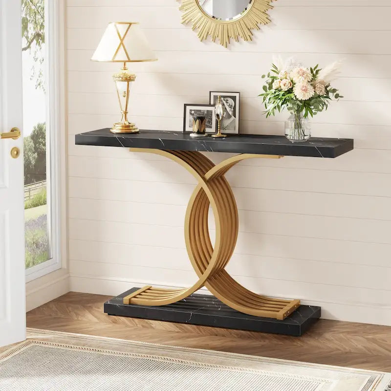 Table console moderne noire/dorée avec plateau en faux marbre, table d'entrée en bois de 99 cm avec pieds métalliques géométriques
