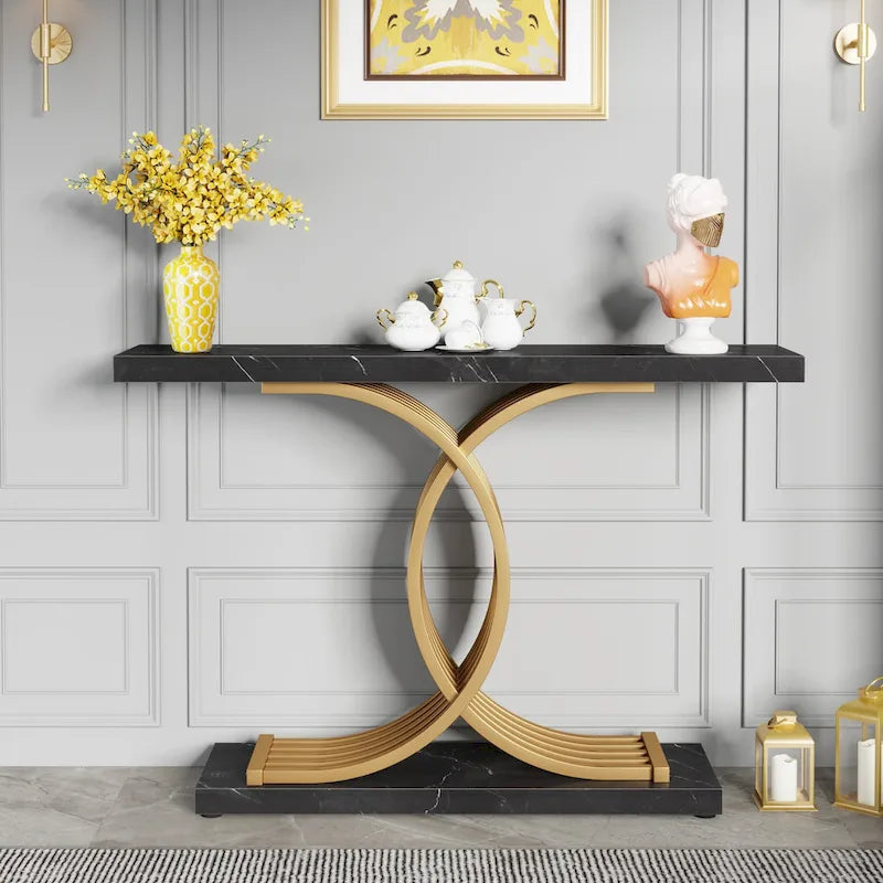 Table console moderne noire/dorée avec plateau en faux marbre, table d'entrée en bois de 99 cm avec pieds métalliques géométriques