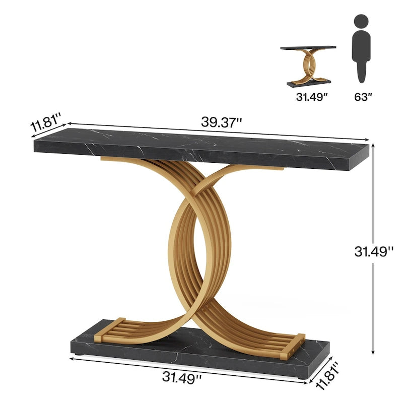 Table console moderne noire/dorée avec plateau en faux marbre, table d'entrée en bois de 99 cm avec pieds métalliques géométriques