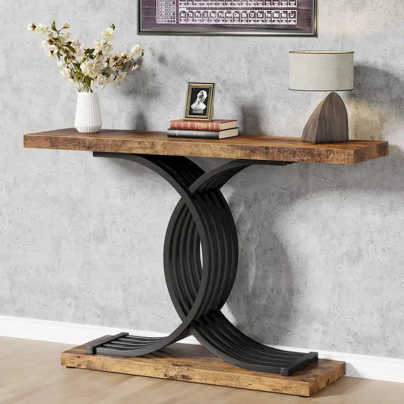 Table console moderne noire/dorée avec plateau en faux marbre, table d'entrée en bois de 99 cm avec pieds métalliques géométriques