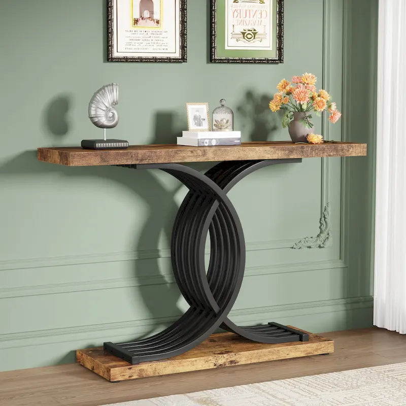 Table console moderne noire/dorée avec plateau en faux marbre, table d'entrée en bois de 99 cm avec pieds métalliques géométriques
