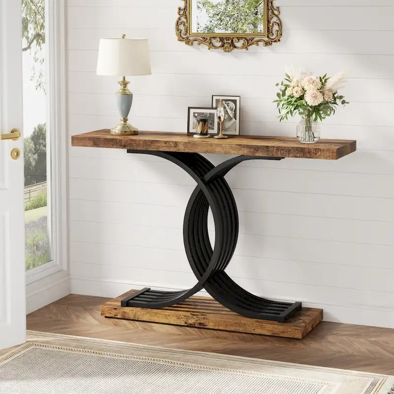 Table console moderne noire/dorée avec plateau en faux marbre, table d'entrée en bois de 99 cm avec pieds métalliques géométriques