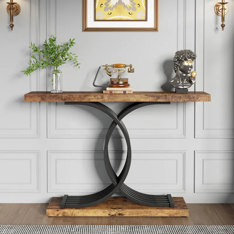 Table console moderne noire/dorée avec plateau en faux marbre, table d'entrée en bois de 99 cm avec pieds métalliques géométriques