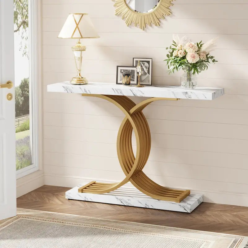 Table console moderne noire/dorée avec plateau en faux marbre, table d'entrée en bois de 99 cm avec pieds métalliques géométriques