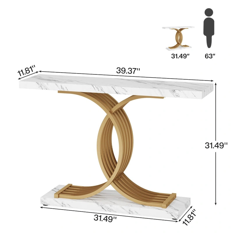 Table console moderne noire/dorée avec plateau en faux marbre, table d'entrée en bois de 99 cm avec pieds métalliques géométriques