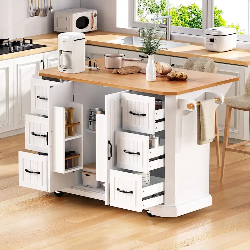 Îlot de cuisine escamotable à abattant, chariot de cuisine à 4 roulettes avec prise de courant, table îlot mobile avec 2 portes et 6 tiroirs