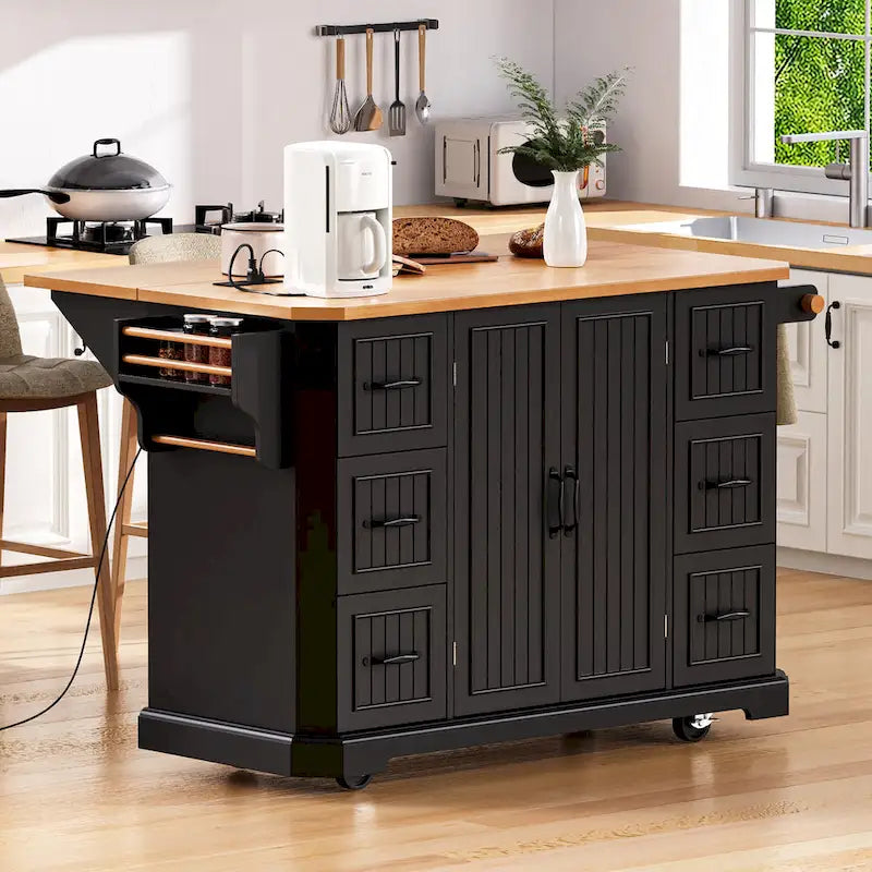 Îlot de cuisine escamotable à abattant, chariot de cuisine à 4 roulettes avec prise de courant, table îlot mobile avec 2 portes et 6 tiroirs