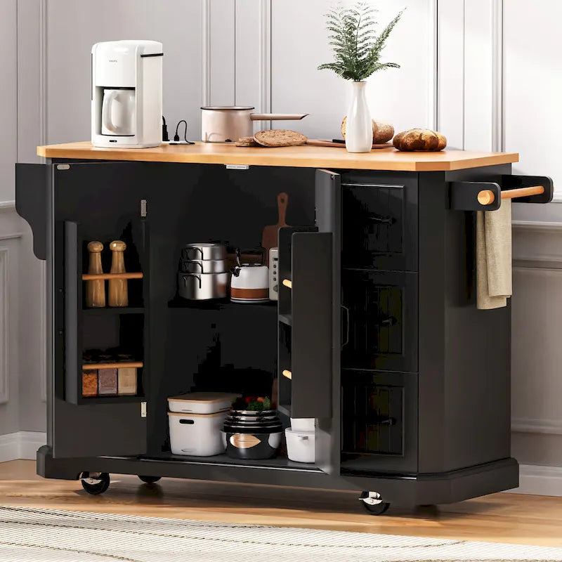 Îlot de cuisine escamotable à abattant, chariot de cuisine à 4 roulettes avec prise de courant, table îlot mobile avec 2 portes et 6 tiroirs