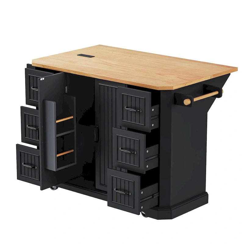 Îlot de cuisine escamotable à abattant, chariot de cuisine à 4 roulettes avec prise de courant, table îlot mobile avec 2 portes et 6 tiroirs