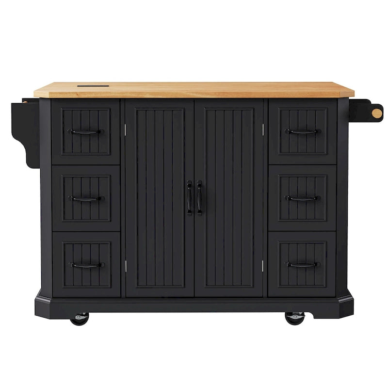Îlot de cuisine escamotable à abattant, chariot de cuisine à 4 roulettes avec prise de courant, table îlot mobile avec 2 portes et 6 tiroirs