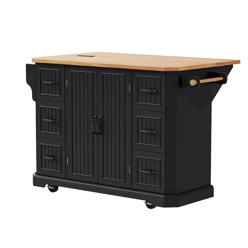 Îlot de cuisine escamotable à abattant, chariot de cuisine à 4 roulettes avec prise de courant, table îlot mobile avec 2 portes et 6 tiroirs