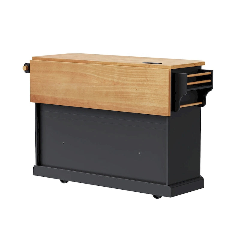 Îlot de cuisine escamotable à abattant, chariot de cuisine à 4 roulettes avec prise de courant, table îlot mobile avec 2 portes et 6 tiroirs