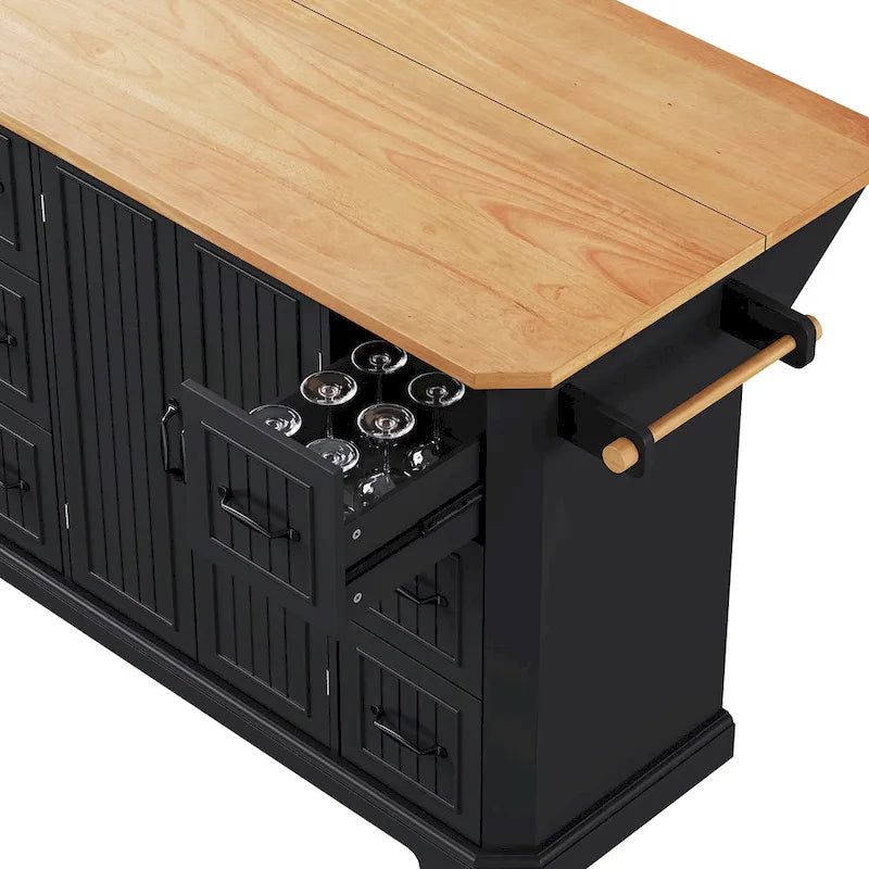 Îlot de cuisine escamotable à abattant, chariot de cuisine à 4 roulettes avec prise de courant, table îlot mobile avec 2 portes et 6 tiroirs