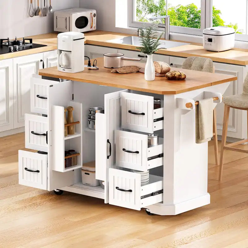 Îlot de cuisine escamotable à abattant, chariot de cuisine à 4 roulettes avec prise de courant, table îlot mobile avec 2 portes et 6 tiroirs