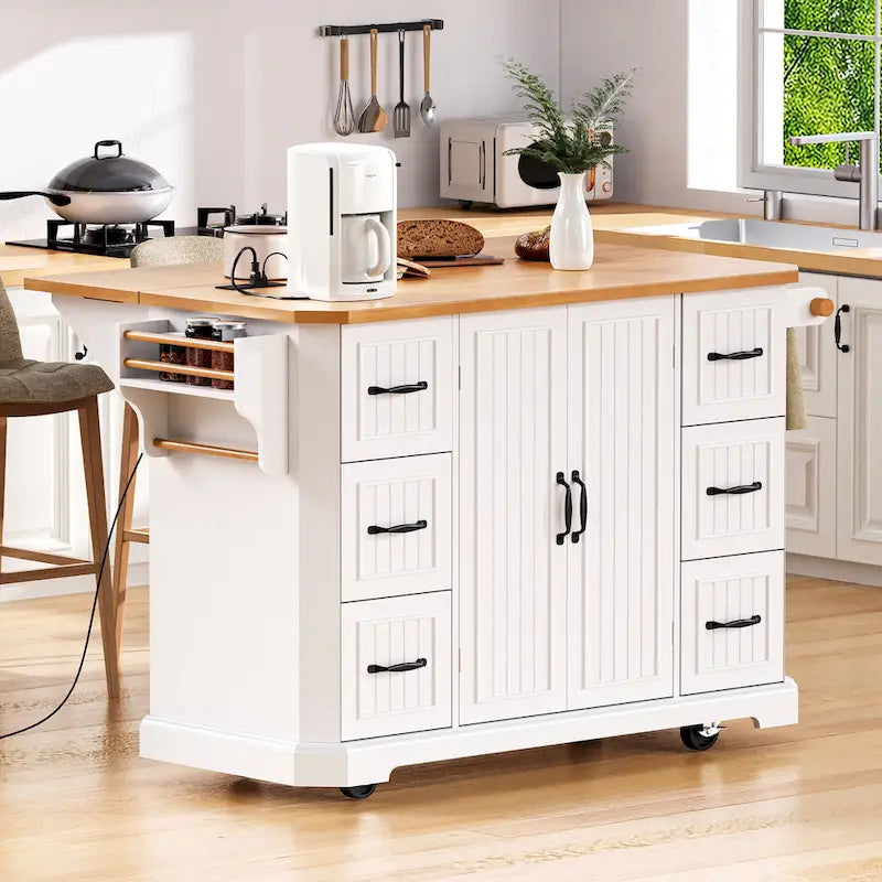 Îlot de cuisine escamotable à abattant, chariot de cuisine à 4 roulettes avec prise de courant, table îlot mobile avec 2 portes et 6 tiroirs