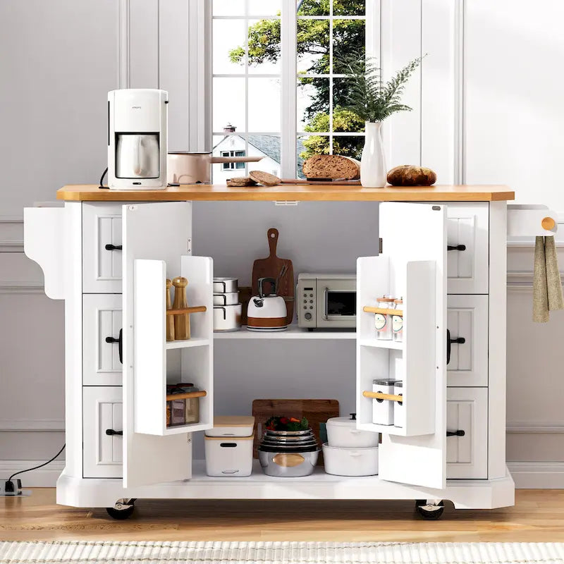 Îlot de cuisine escamotable à abattant, chariot de cuisine à 4 roulettes avec prise de courant, table îlot mobile avec 2 portes et 6 tiroirs