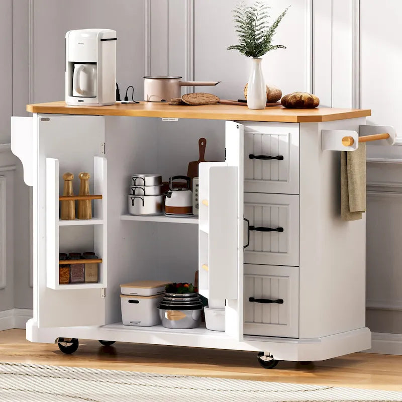 Îlot de cuisine escamotable à abattant, chariot de cuisine à 4 roulettes avec prise de courant, table îlot mobile avec 2 portes et 6 tiroirs