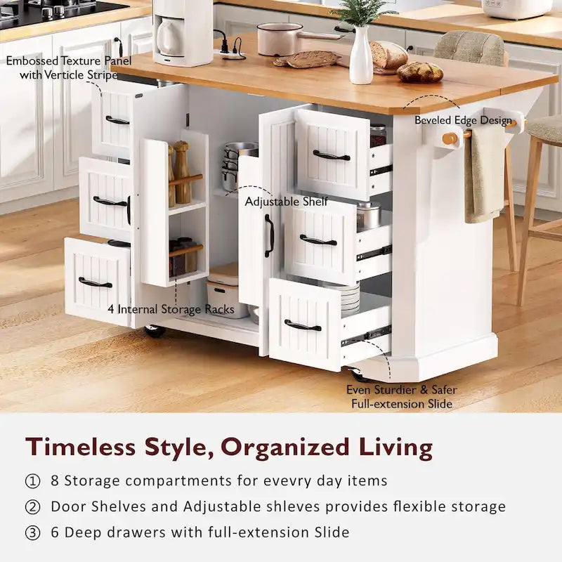 Îlot de cuisine escamotable à abattant, chariot de cuisine à 4 roulettes avec prise de courant, table îlot mobile avec 2 portes et 6 tiroirs