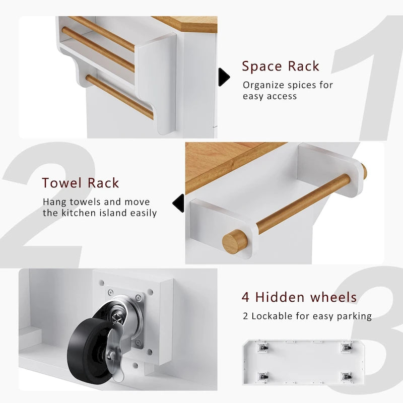 Îlot de cuisine escamotable à abattant, chariot de cuisine à 4 roulettes avec prise de courant, table îlot mobile avec 2 portes et 6 tiroirs