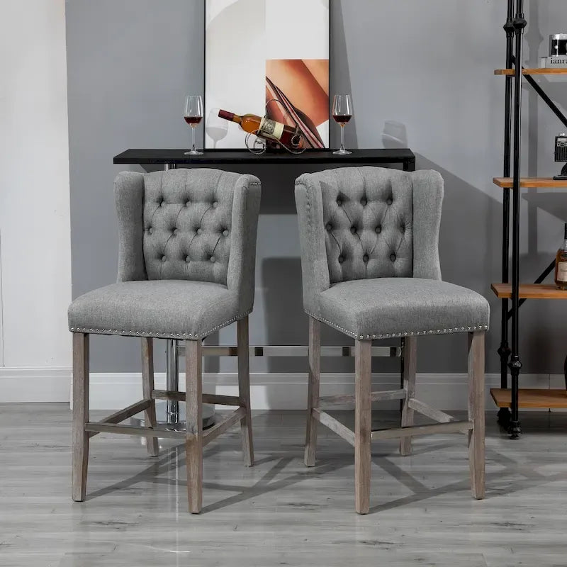 Tabourets de bar à hauteur de comptoir 2 pièces, tabourets de cuisine pour petit-déjeuner avec garniture cloutée et dossier touffeté, pieds en bois massif