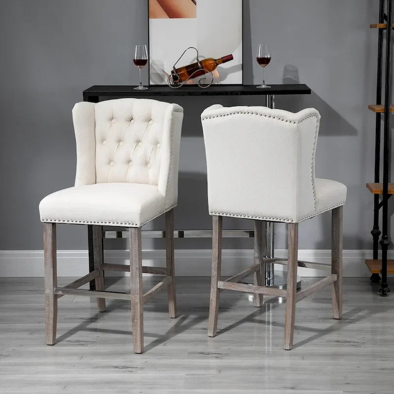 Tabourets de bar à hauteur de comptoir 2 pièces, tabourets de cuisine pour petit-déjeuner avec garniture cloutée et dossier touffeté, pieds en bois massif