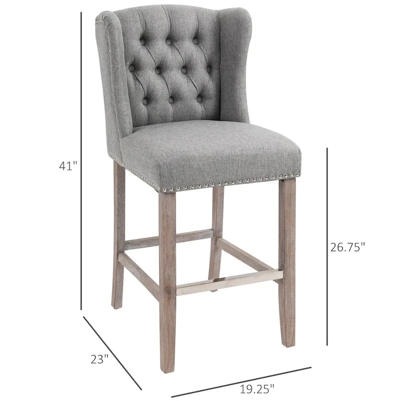 Tabourets de bar à hauteur de comptoir 2 pièces, tabourets de cuisine pour petit-déjeuner avec garniture cloutée et dossier touffeté, pieds en bois massif