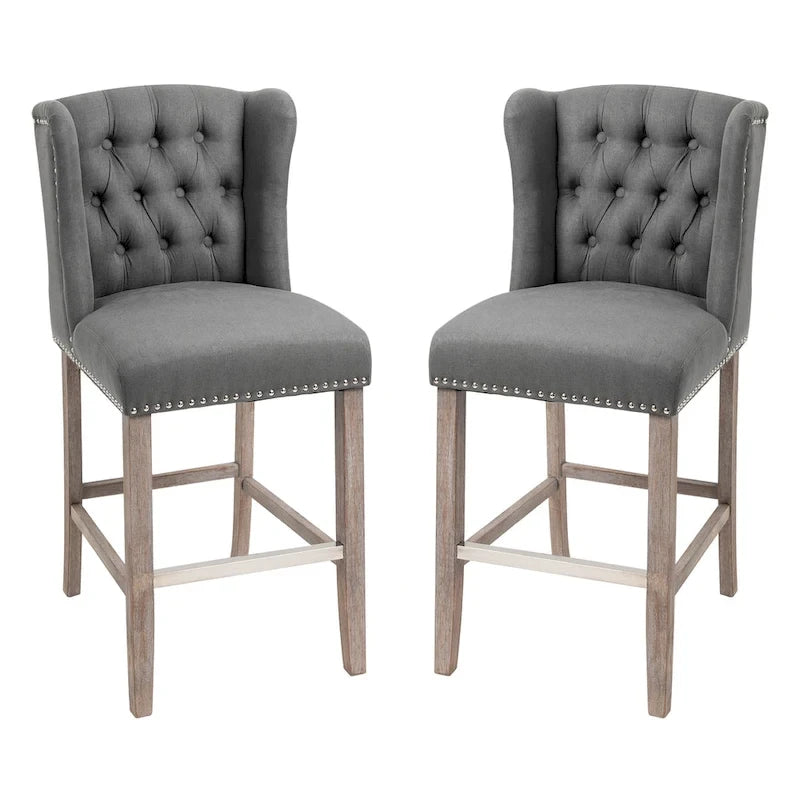 Tabourets de bar à hauteur de comptoir 2 pièces, tabourets de cuisine pour petit-déjeuner avec garniture cloutée et dossier touffeté, pieds en bois massif