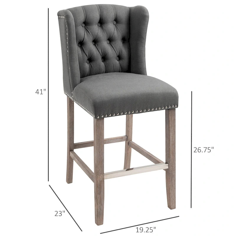 Tabourets de bar à hauteur de comptoir 2 pièces, tabourets de cuisine pour petit-déjeuner avec garniture cloutée et dossier touffeté, pieds en bois massif