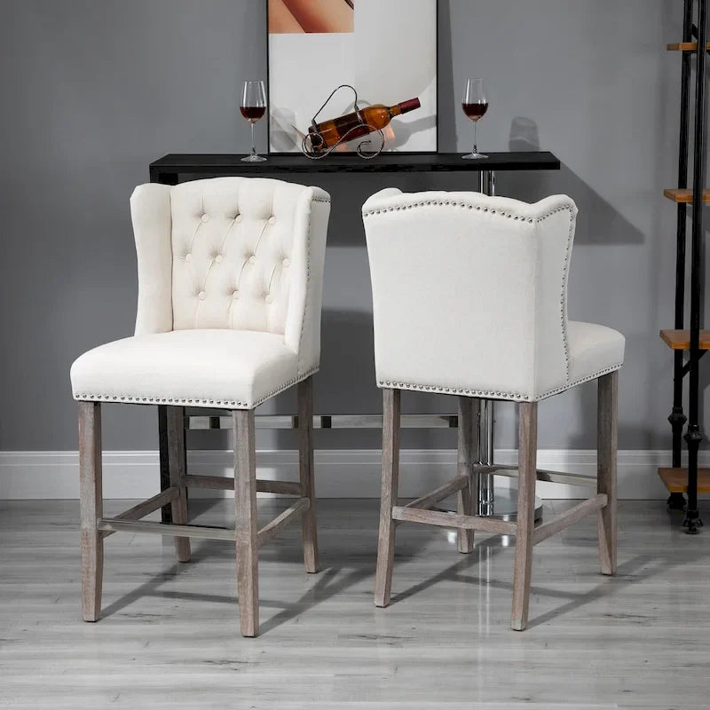 Tabourets de bar à hauteur de comptoir 2 pièces, tabourets de cuisine pour petit-déjeuner avec garniture cloutée et dossier touffeté, pieds en bois massif