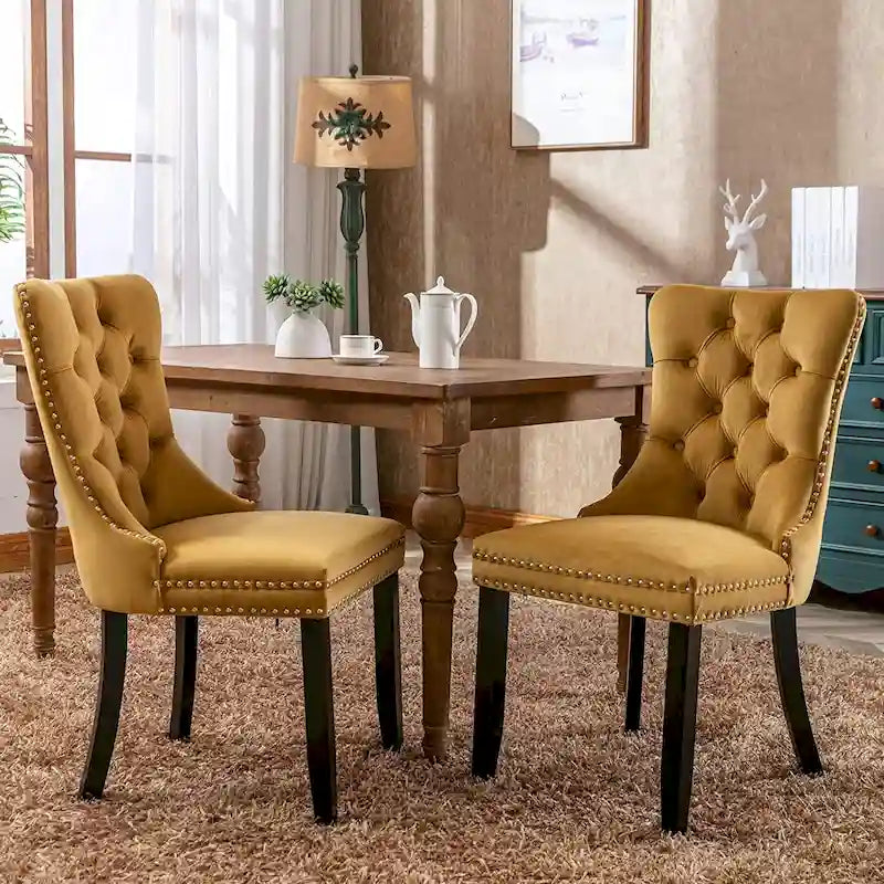 Ensemble de 2 chaises de salle à manger, chaise d'appoint rembourrée sans accoudoirs avec dossier capitonné, anneau de tirage et clous décoratifs