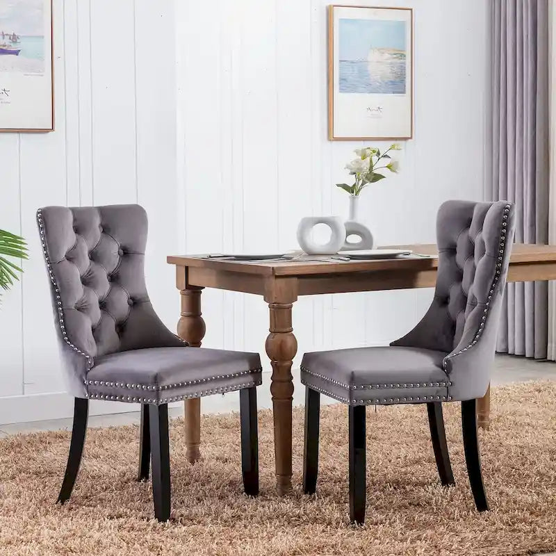 Ensemble de 2 chaises de salle à manger, chaise d'appoint rembourrée sans accoudoirs avec dossier capitonné, anneau de tirage et clous décoratifs