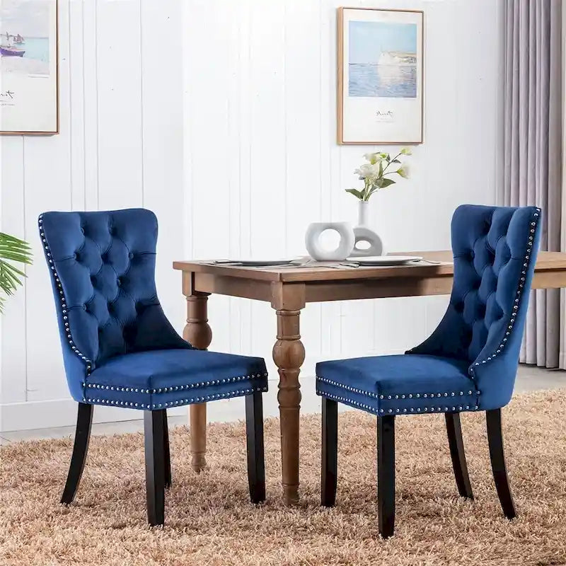 Ensemble de 2 chaises de salle à manger, chaise d'appoint rembourrée sans accoudoirs avec dossier capitonné, anneau de tirage et clous décoratifs