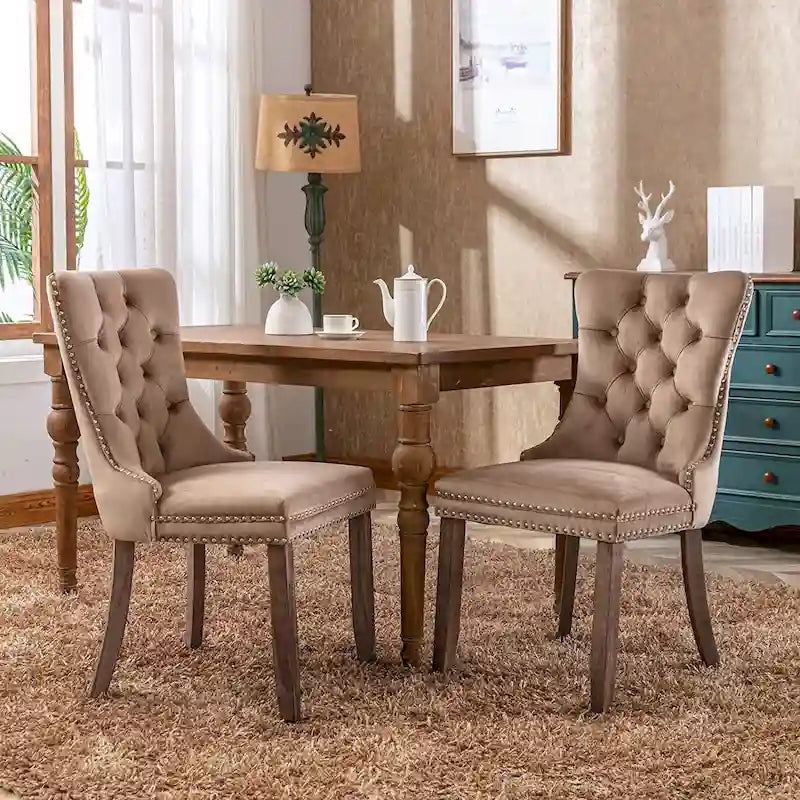 Ensemble de 2 chaises de salle à manger, chaise d'appoint rembourrée sans accoudoirs avec dossier capitonné, anneau de tirage et clous décoratifs