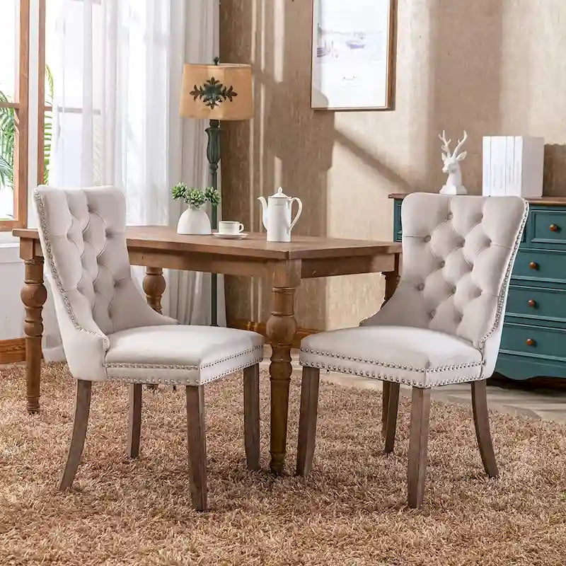 Ensemble de 2 chaises de salle à manger, chaise d'appoint rembourrée sans accoudoirs avec dossier capitonné, anneau de tirage et clous décoratifs