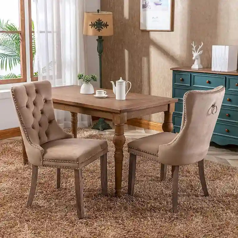 Ensemble de 2 chaises de salle à manger, chaise d'appoint rembourrée sans accoudoirs avec dossier capitonné, anneau de tirage et clous décoratifs