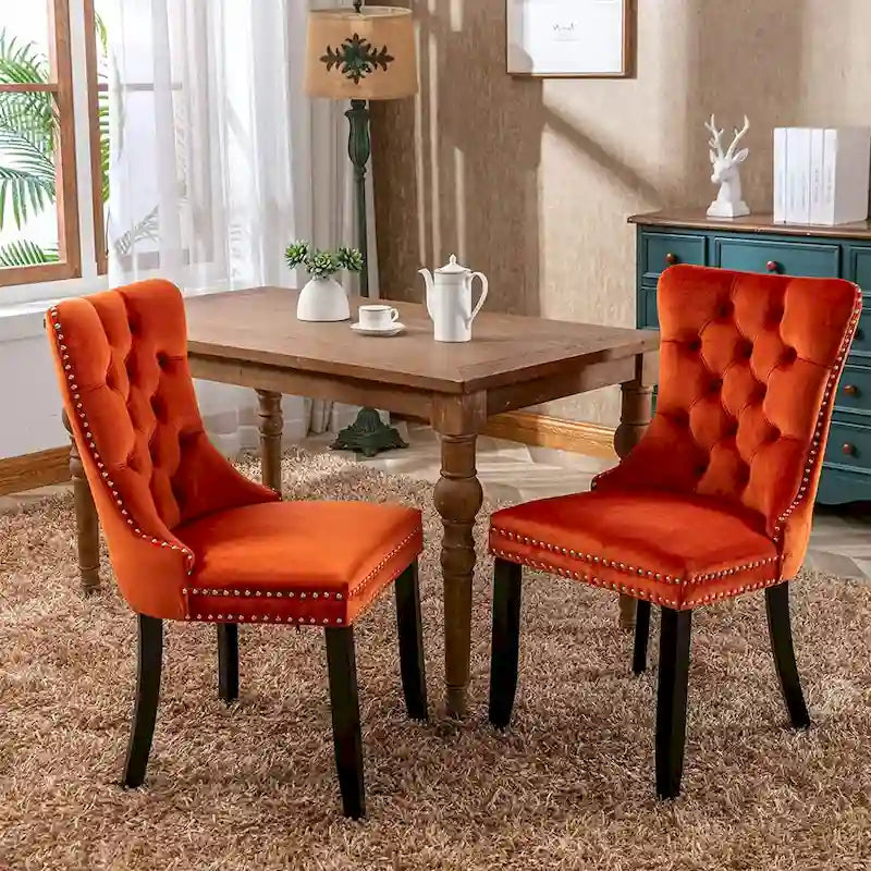 Ensemble de 2 chaises de salle à manger, chaise d'appoint rembourrée sans accoudoirs avec dossier capitonné, anneau de tirage et clous décoratifs
