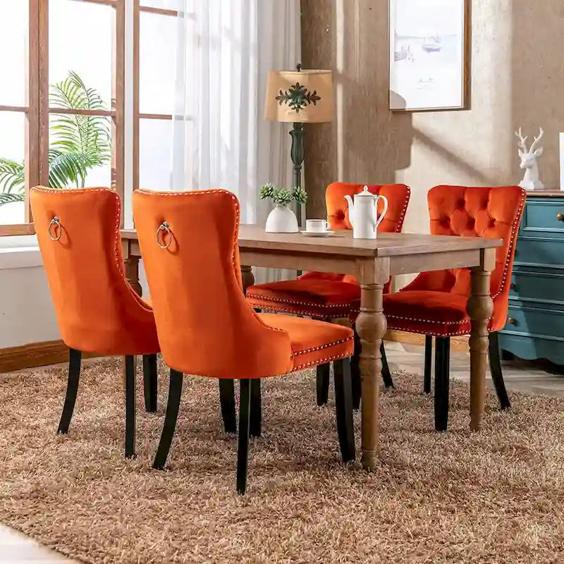 Ensemble de 2 chaises de salle à manger, chaise d'appoint rembourrée sans accoudoirs avec dossier capitonné, anneau de tirage et clous décoratifs