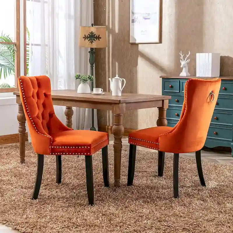 Ensemble de 2 chaises de salle à manger, chaise d'appoint rembourrée sans accoudoirs avec dossier capitonné, anneau de tirage et clous décoratifs
