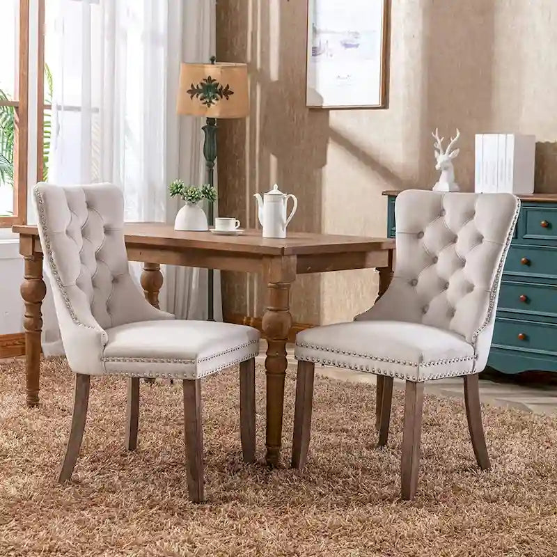 Ensemble de 2 chaises de salle à manger, chaise d'appoint rembourrée sans accoudoirs avec dossier capitonné, anneau de tirage et clous décoratifs