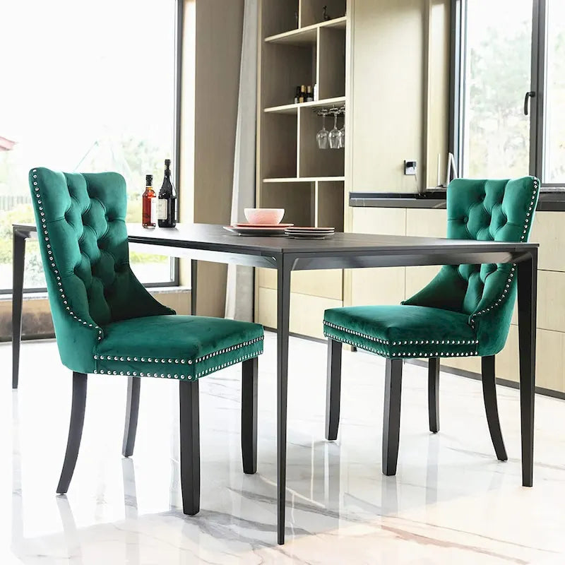 Ensemble de 2 chaises de salle à manger, chaise d'appoint rembourrée sans accoudoirs avec dossier capitonné, anneau de tirage et clous décoratifs