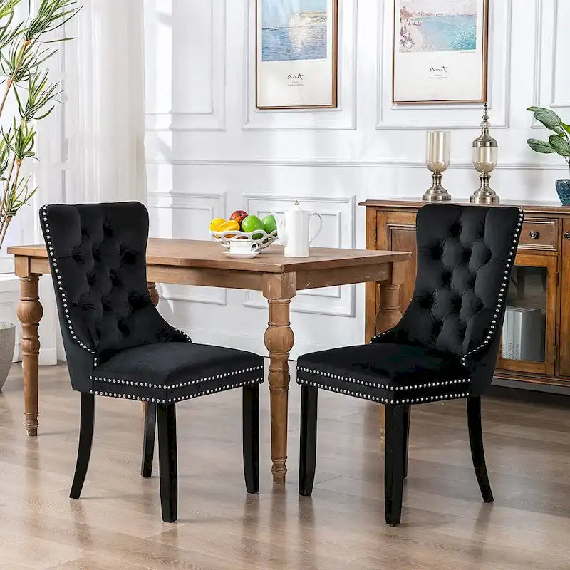 Ensemble de 2 chaises de salle à manger, chaise d'appoint rembourrée sans accoudoirs avec dossier capitonné, anneau de tirage et clous décoratifs