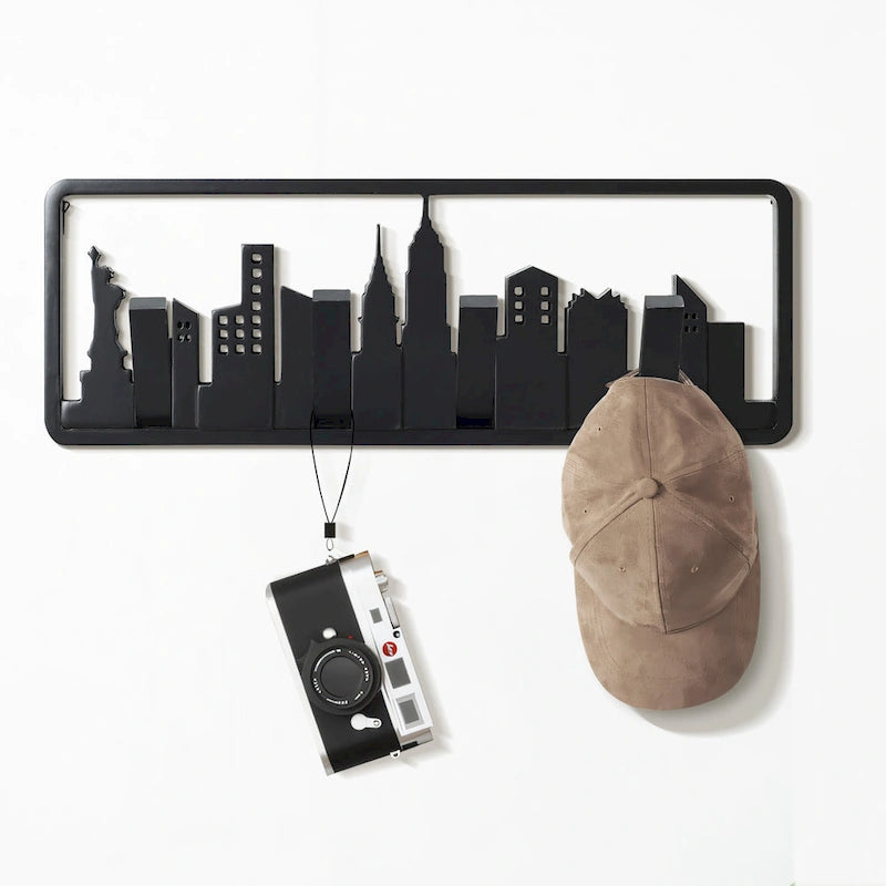 Patère murale 4 crochets en bois noir - 56,6 cm de large