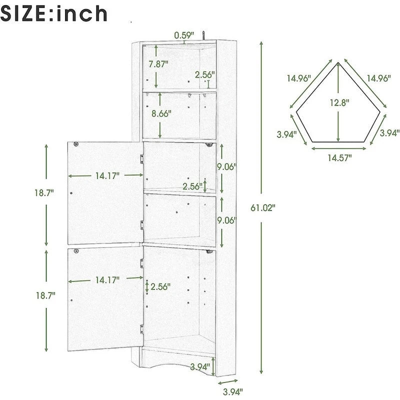 Meuble d'angle haut de maison avec 2 portes et 2 étagères extérieures, meuble de rangement autonome avec étagères réglables